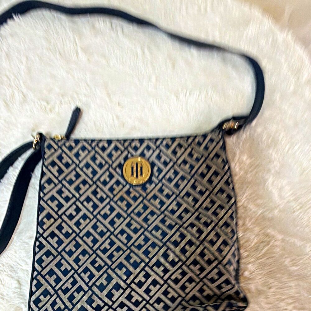 Tommy Hilfiger Navy Beige Monogram Crossbody Bag Adjustable Strap Purse